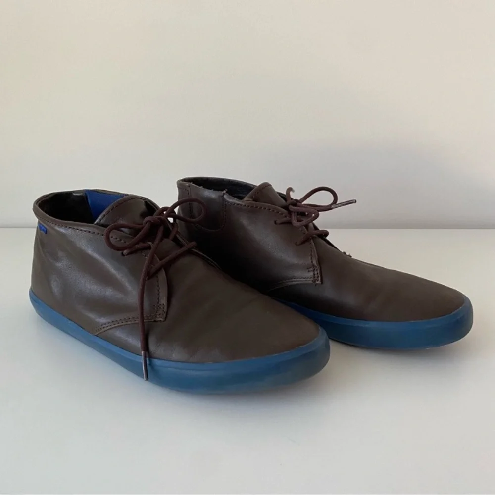 Camper Lace-up Chukka Boots in Brown Leather with Blue Soles, Size US 11, EUC